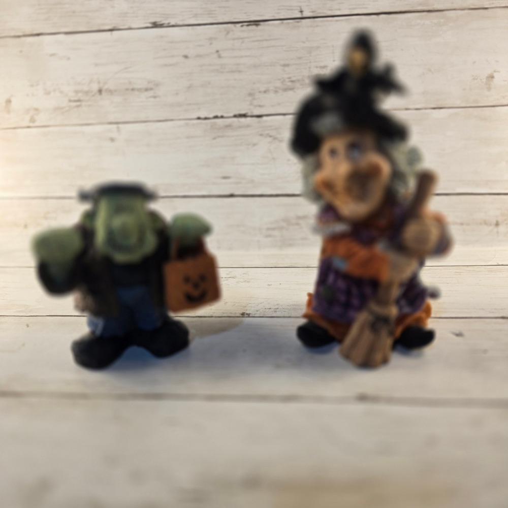 Halloween Figurine Set Witch with Broom and Frankenstein Monster Decor